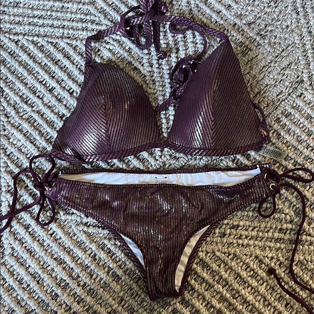 PINK Victoria's Secret Metallic Plum Ribbed Lace-Up Bikini